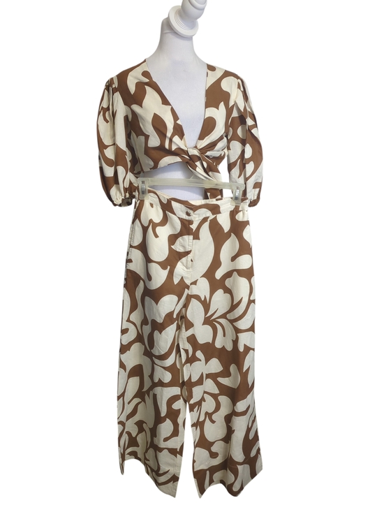RHODE Pants - RHODET Two-Piece Brown/Cream Floral Print Set - Cropped Tie Top & Wide Leg Pant